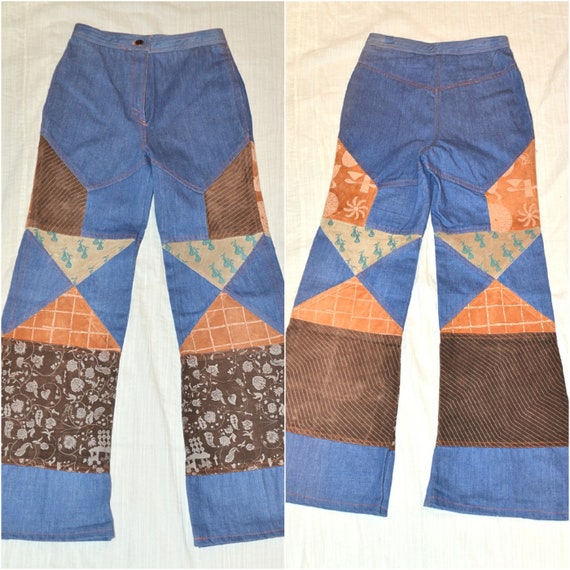 Vintage Patchwork Denim/Leather Jeans, Boho Penny