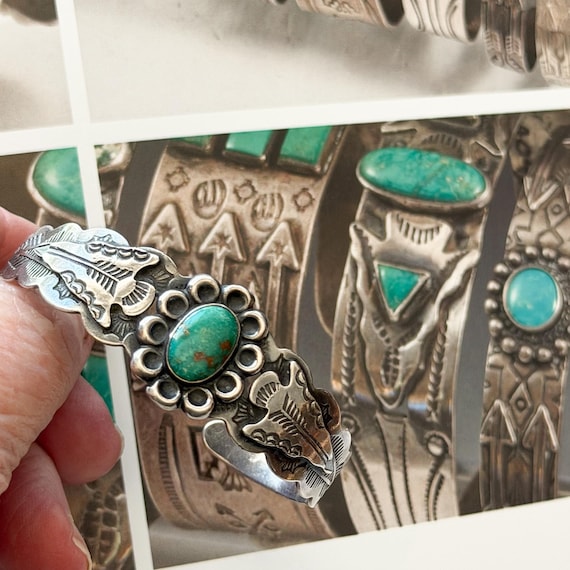 Vintage Fred Harvey Era Silver Turquoise Bracelet, IH Coin Silver