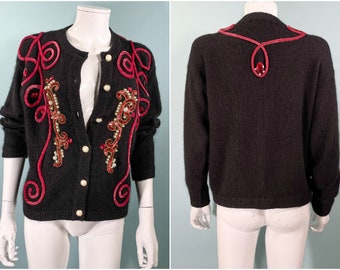 Tony Lambert Glam Bejeweled Velvet Trim Cardigan Sweater, Black Angora/Wool/Silk Sweater S/M
