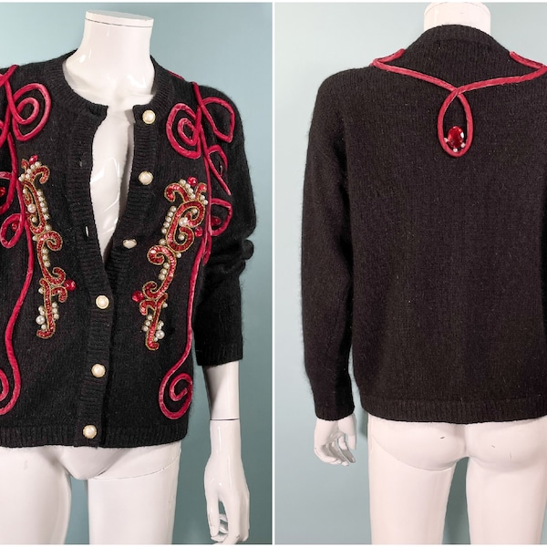 Tony Lambert Glam Bejeweled Velvet Trim Cardigan Sweater, Black Angora/Wool/Silk Sweater S/M