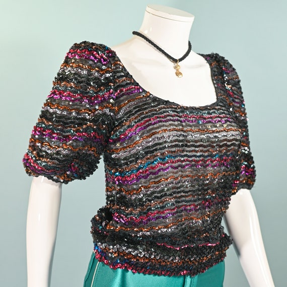 Vintage 70s Sparkle Sequin Disco Top, Puff Sleeve… - image 3