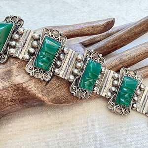 Vintage Sterling Silver Green Onyx Tribal Bracelet, Mexican Silver Bracelet 65 Grams
