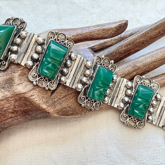 Sterling Silver Green Onyx Mexican Carved Face Bracelet - Etsy