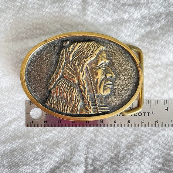 Vintage 70s Solid Brass Native American Indian Be… - image 3