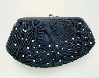 Vintage Black Evening Bag/Clutch, Faux Pearls Rhinestones Kiss Lock Closure by Magid