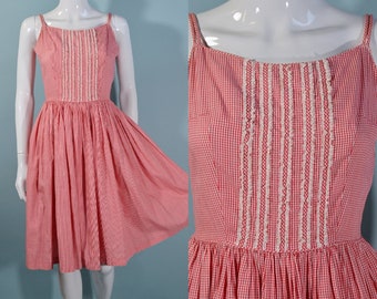 Vintage Early 60s Red + White Check Spaghetti Strap Dress, Carol Rogers Juniors XS/S