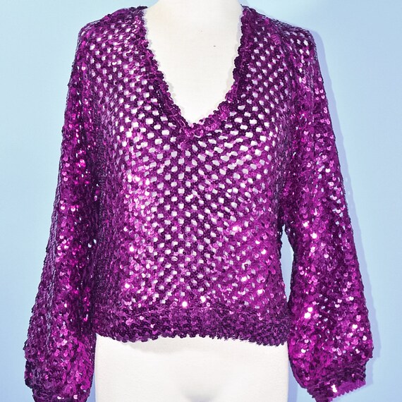 Vintage 70s Magenta Sequin Sparkle Top by Three F… - image 3