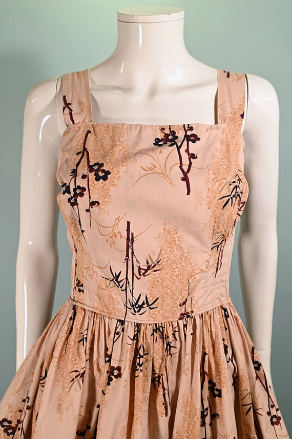 Vintage 50s Asian Print Dress, Full Skirt 26" Wai… - image 5