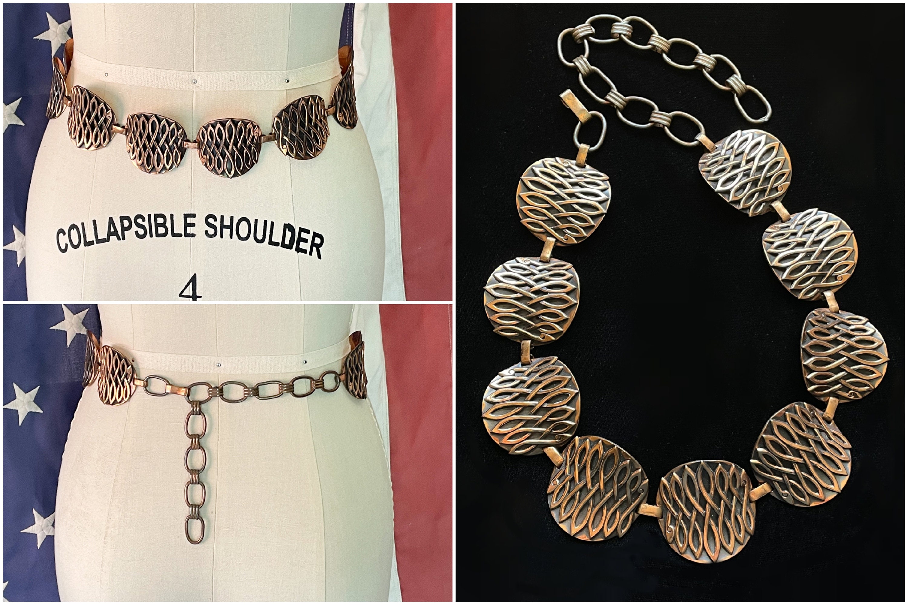 Vintage Copper Disc Chain Belt, 60s Modernist Handmade Belt  display picture 2