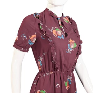 70s does 40s Rayon Print Dress, Cottagecore Floral Print Ruffles S/M