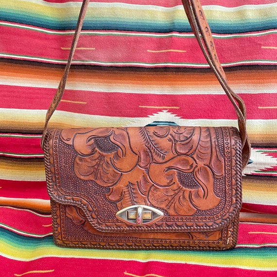 Vintage Heavily Tooled Leather Handbag, Southwest… - image 3