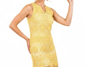 Vintage 60s Yellow Crochet Mini Dress, Sleeveless Mod Open Knit Dress XS