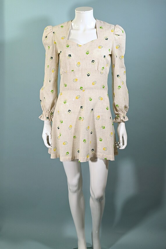 Vintage 60s/70s Linen Mini Dress, Geometric Print… - image 3