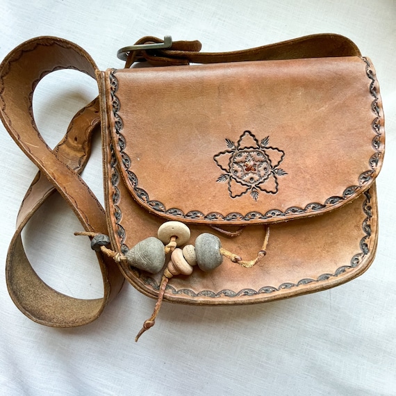 Vintage Tooled Leather Southwestern Shoulder Bag … - image 2