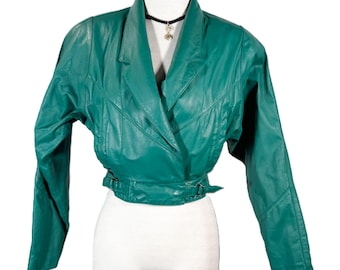 80s Chia Green Leather Cropped Jacket, Punk Grunge Jacket XS