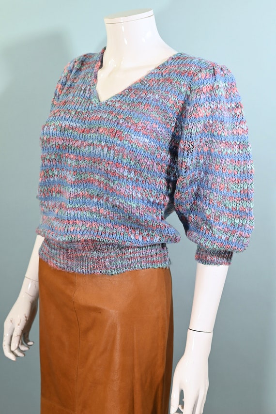 Vintage 70s Blue Variegated Knit Pullover Sweater… - image 4