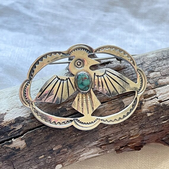 Vintage Sterling Silver Turquoise Thunderbird Bro… - image 3