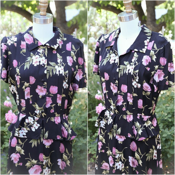 Navy/Pink 90s Peplum Floral Print Dress, Rayon Gr… - image 7