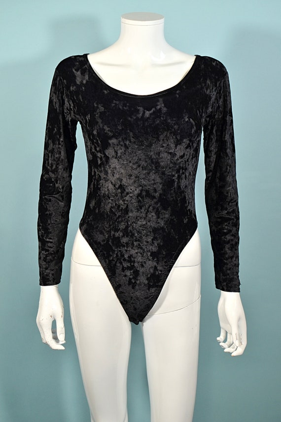 Vintage Black Crushed Velvet Bodysuit, 80s Sexy L… - image 4