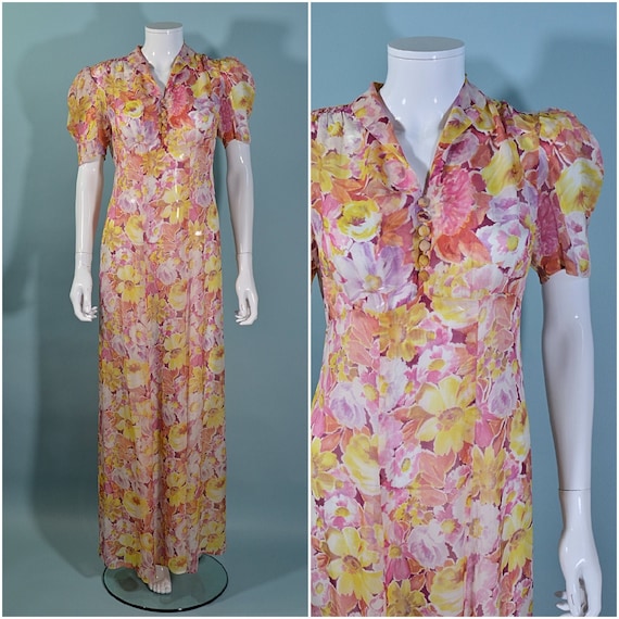Vintage 1930s Sheer Floral Print Maxi Dress Puff … - image 1