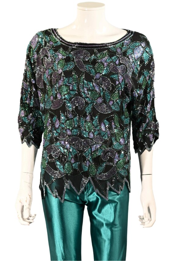 Vintage 70s/80s Heavily Beaded Sequin Top, Deco F… - image 5