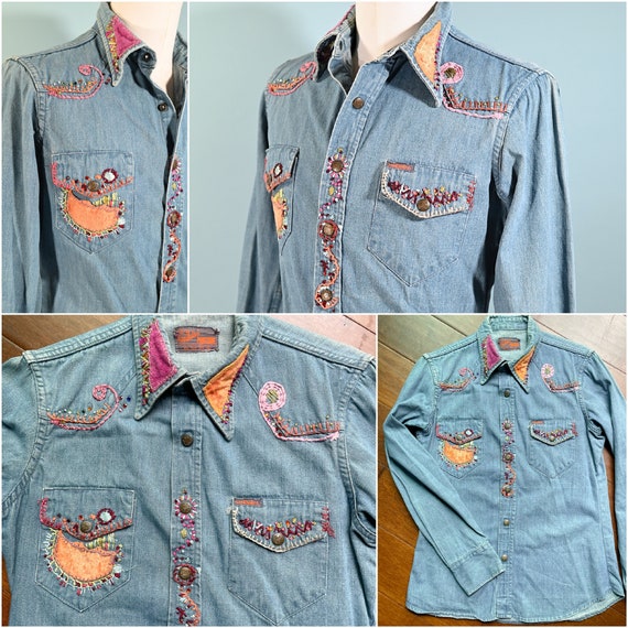 OOAK 60s/70s Landlubber Embroidered Denim Shirt, … - image 6