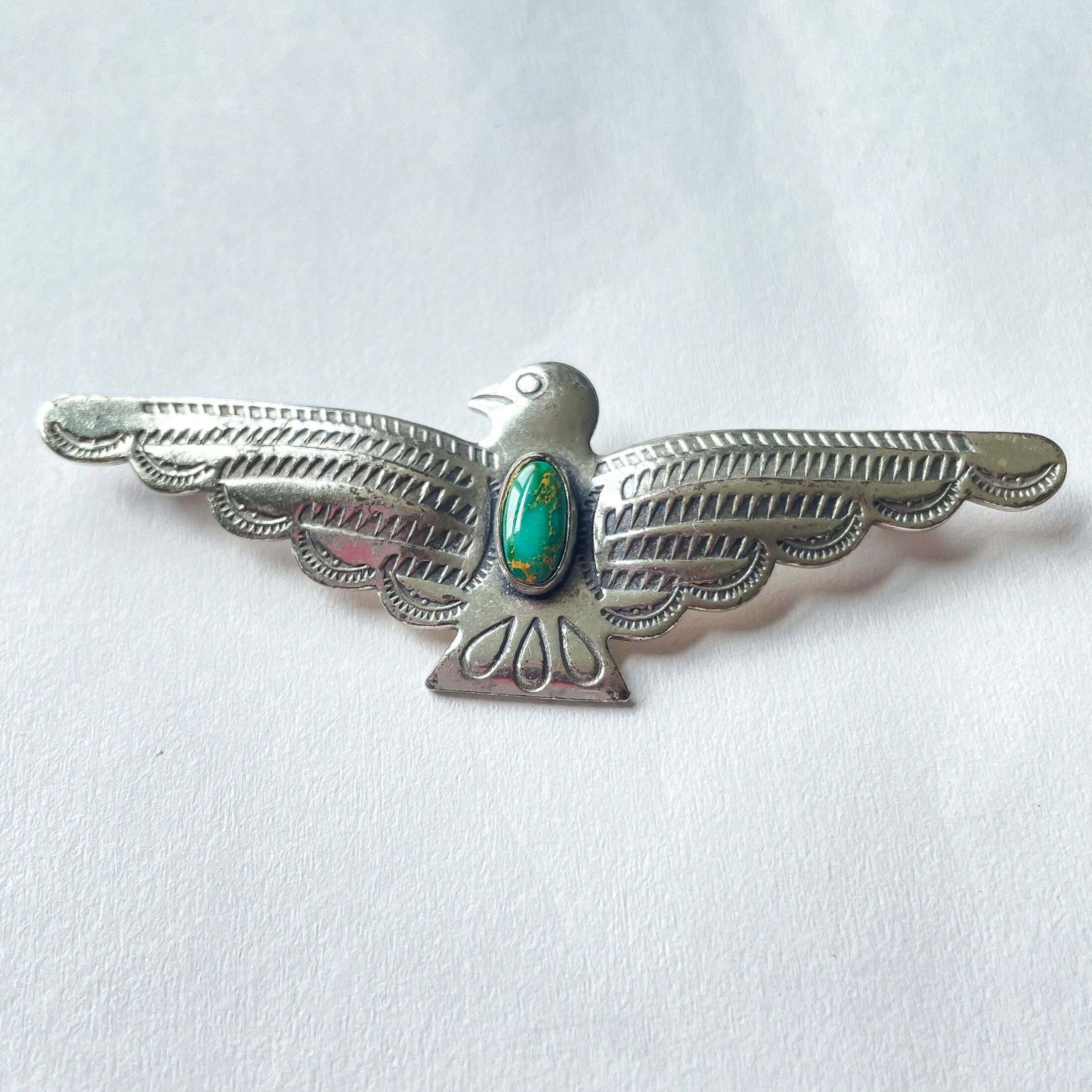 Vintage Sterling Silver Turquoise Thunderbird Brooch, Fred