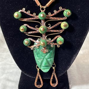 Vintage Casa Maya Pendant Necklace, Carved Jade/Onyx Tribal Face + Hammered Brass/Copper
