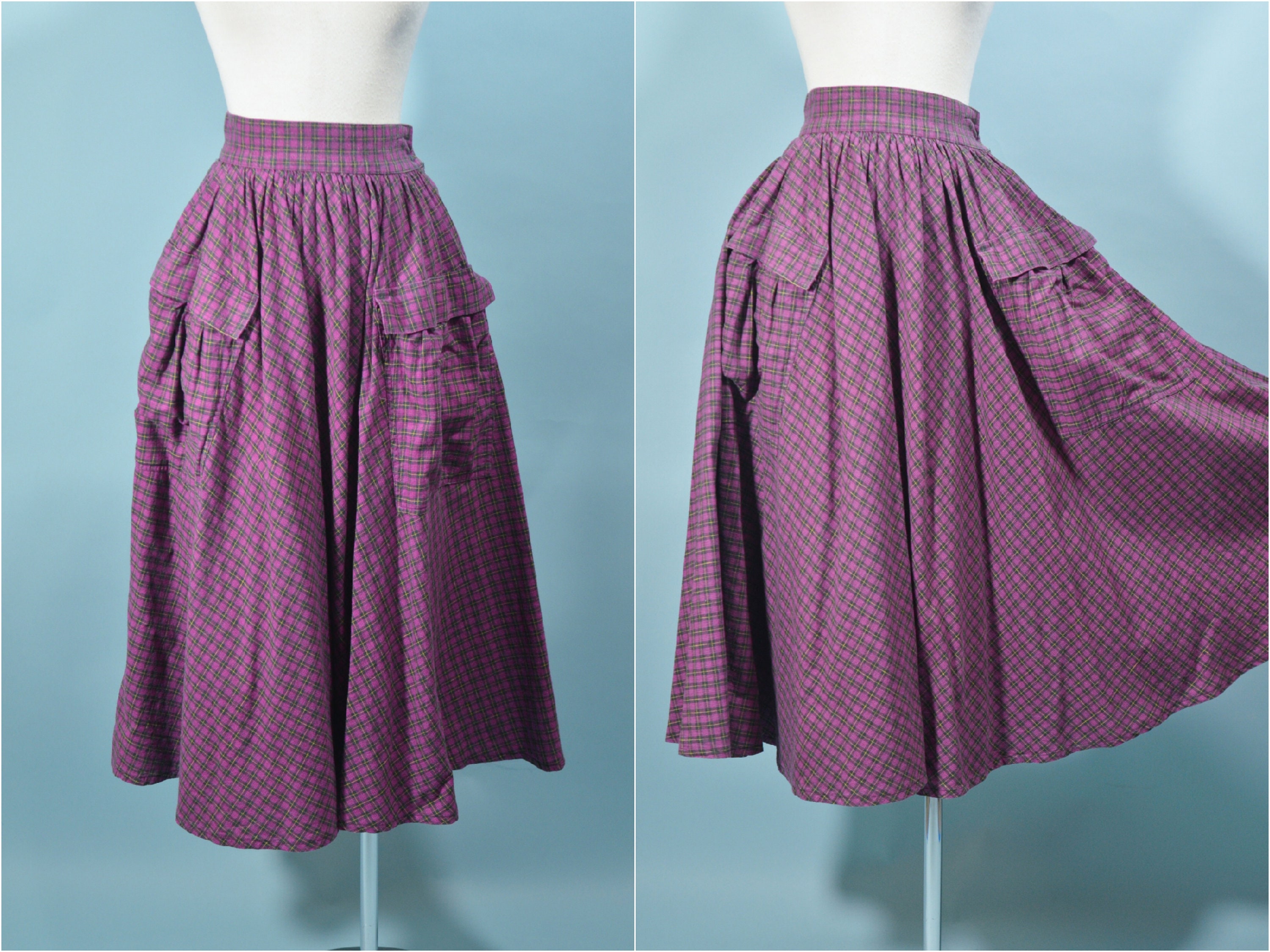 Purple Plaid Full Skirt Huge Pockets Cottagecore Prairie - Etsy