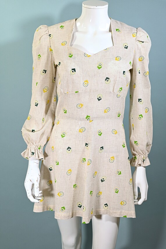 Vintage 60s/70s Linen Mini Dress, Geometric Print… - image 6