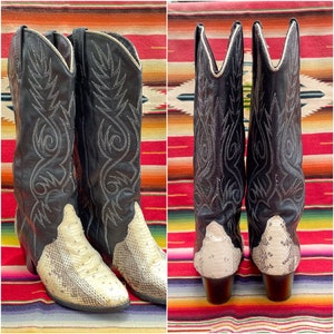 vintage Acme Womens Western Boots, Bottes en cuir noir/peau de serpent 6M image 7