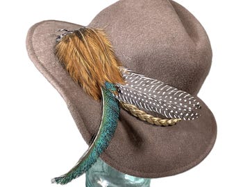 Beige Doeskin Wool Cloche Hat with Feather Top Sylvia Vintage Vintage 1970s Sylvia Taupe and Beige Wool and Velvet Hat  main image 2