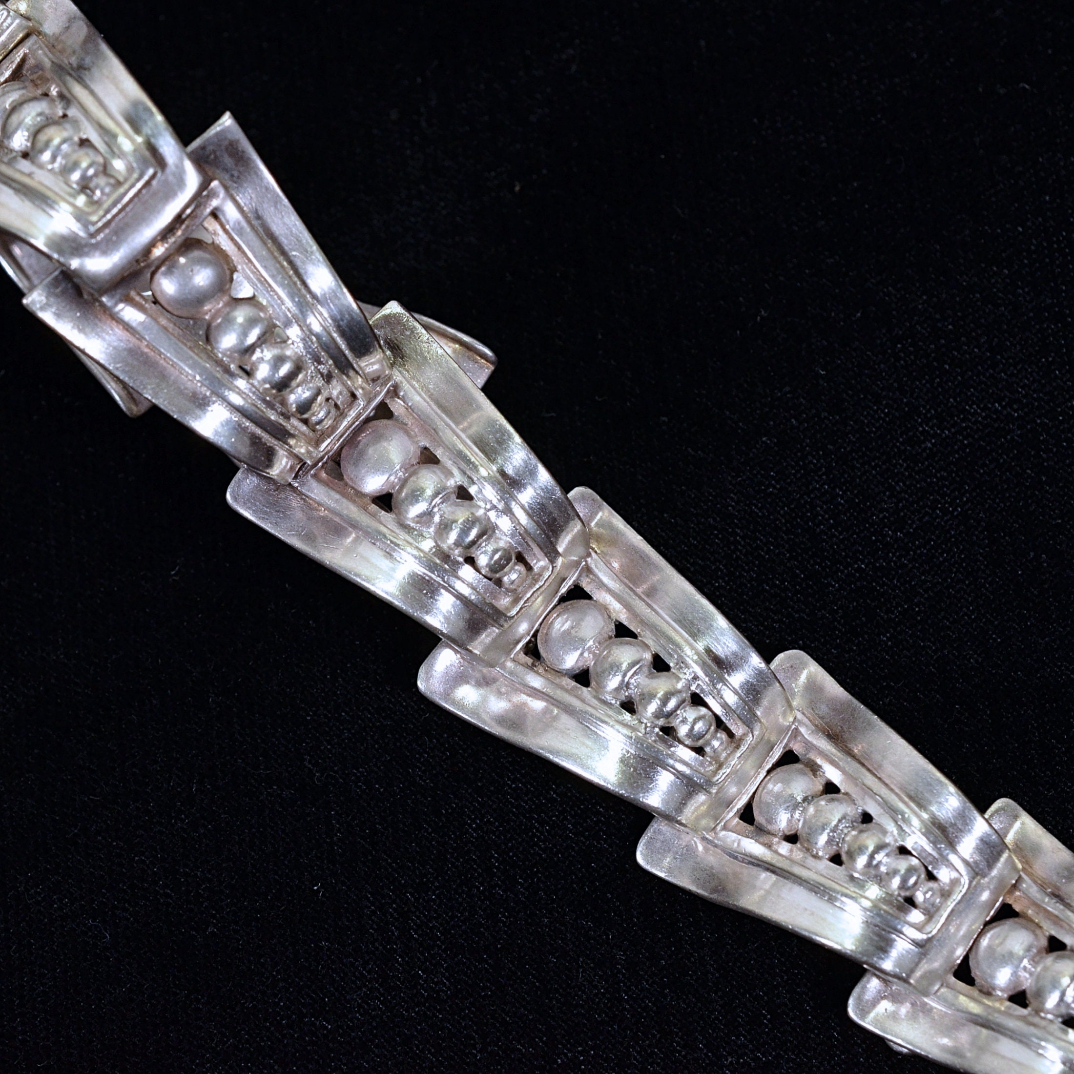 Margot De Taxco Sterling Bracelet, Modernist Ribbon/ball #5247