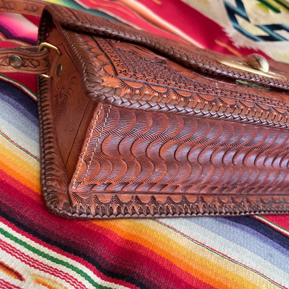 Vintage Heavily Tooled Leather Handbag, Southwest… - image 10