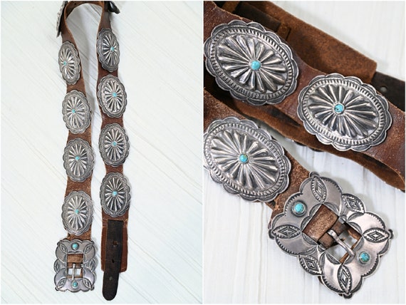 1930s Navajo Concho Belt, Hand Stamped Silver Tur… - image 3