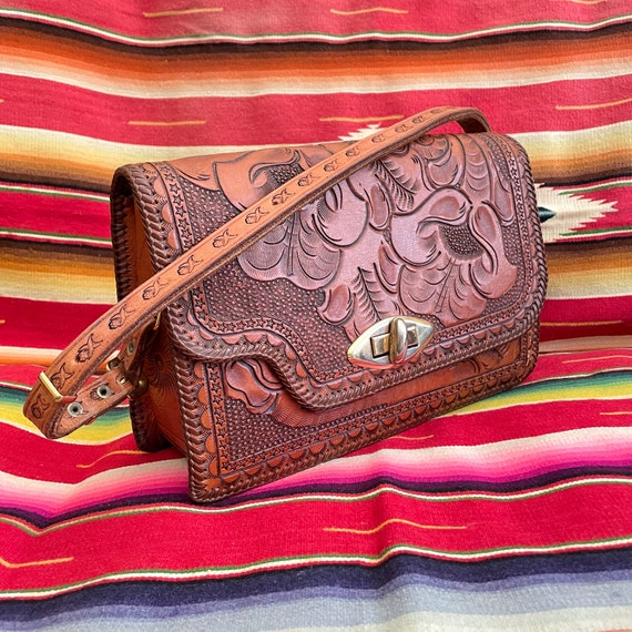 Vintage Heavily Tooled Leather Handbag, Southwest… - image 4