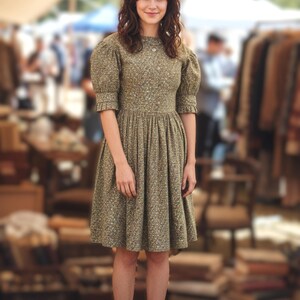 Vintage Green Calico Grand Millennial Granny Dress, Puff Sleeves S