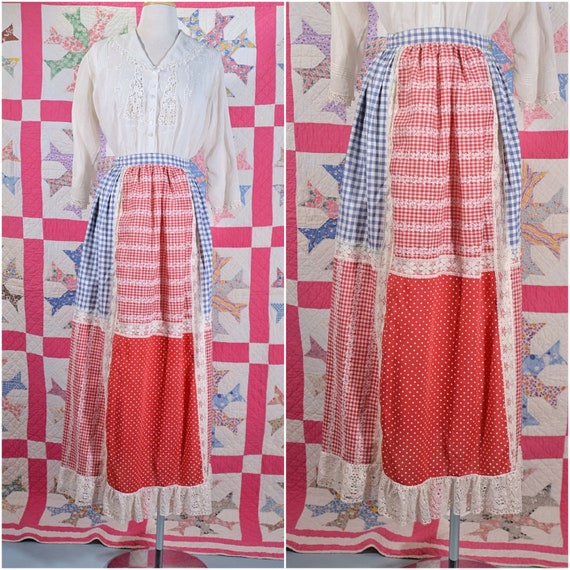 SALE Vintage 60s Patchwork Gingham & Lace Skirt, … - image 1