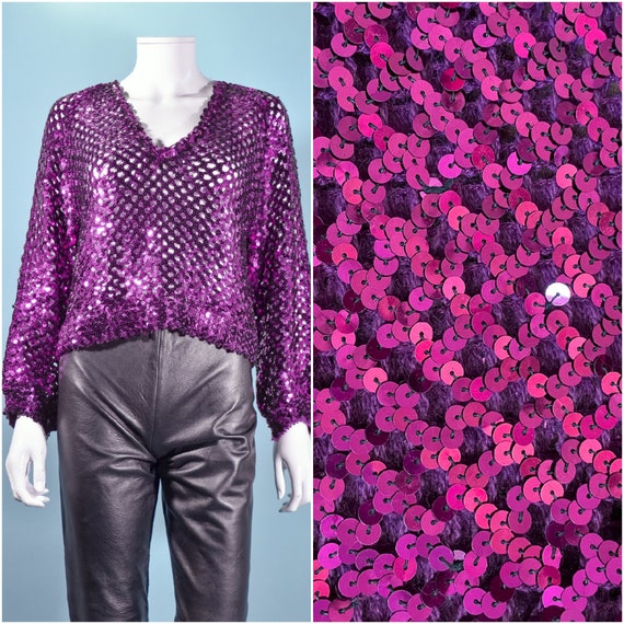 Vintage 70s Magenta Sequin Sparkle Top by Three F… - image 1