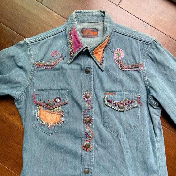 OOAK 60s/70s Landlubber Embroidered Denim Shirt, … - image 1