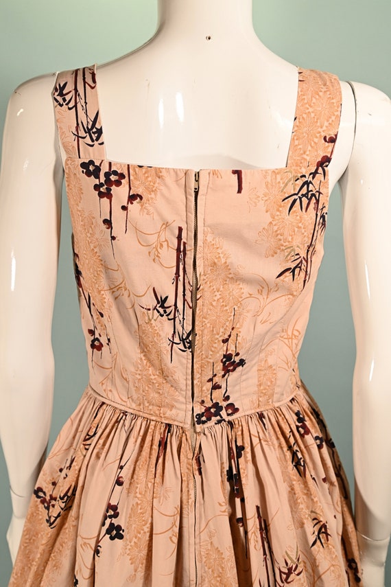 Vintage 50s Asian Print Dress, Full Skirt 26" Wai… - image 10