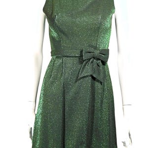 Vintage Early 60s Green Sparkle Dress w/Bow on the Waist, 1960s Holiday Party Dress XS
