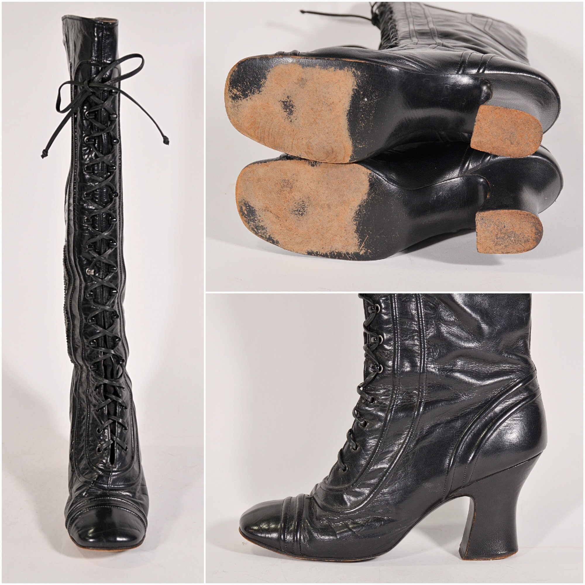 Black Leather Lace Up Granny Boots – 7 → Hotbox Vintage