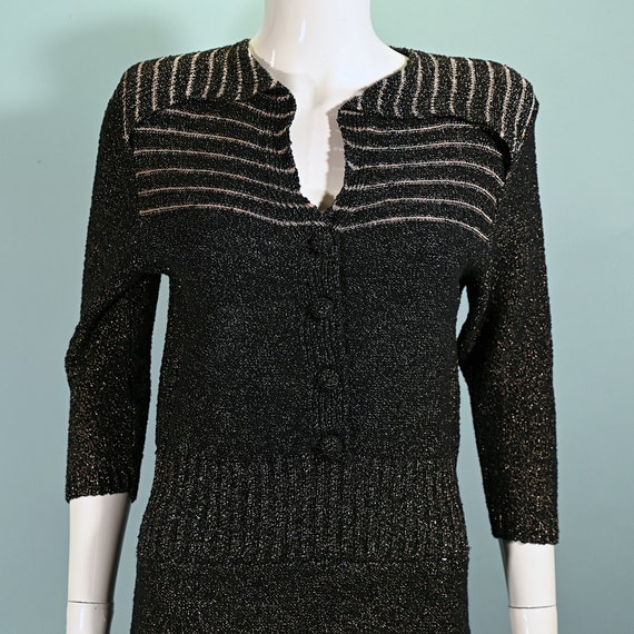 40s Black/Gold Knit Sweater Dress, 50s Black Bouc… - image 3