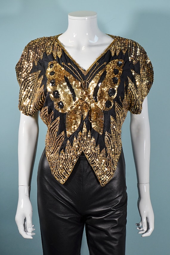 Vintage 70s Sequin Butterfly Top, Gold/Black Boho… - image 2