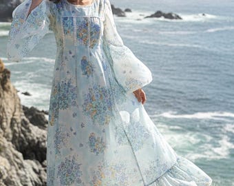 Vintage Angel Sleeve Maxi Dress, Soft Blue Floral Print Hippie Festival Dress S