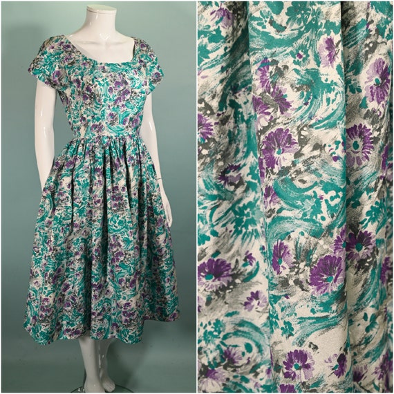 Vintage 50s Abstract Floral Print Dress, Mid Cent… - image 1