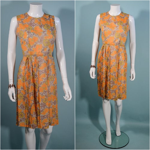 1960s Sheer Floral Print Day Dress, Sleeveless shops Semi Pleated Skirt, Fitted 26