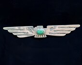 Vintage Silver Thunderbird Fred Harvey Era Brooch, Native American Turquoise Stamped Pin