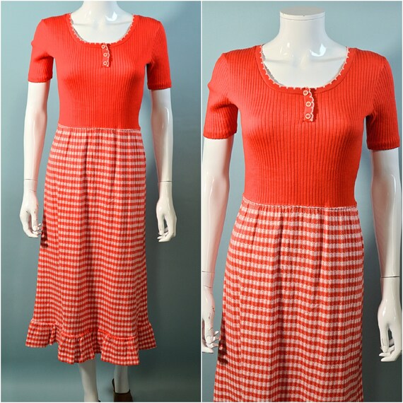 1960s Red Gingham Cottagecore Knit Midi Dress M Gem